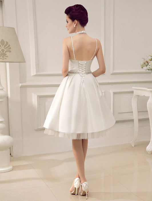 Vintage Spaghetti Straps Backless Satin Short Wedding Dress with Pearls At Waist misshow