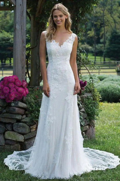 Vintage V Neck Sleeveless Tulle Appliqued Wedding Dress - Wedding Dresses