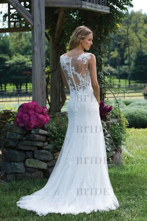 Vintage V Neck Sleeveless Tulle Appliqued Wedding Dress - Wedding Dresses