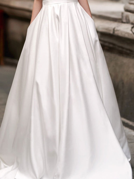 vintage wedding dress 2021 a line bateau neck sleeveless floor length satin bridal gown