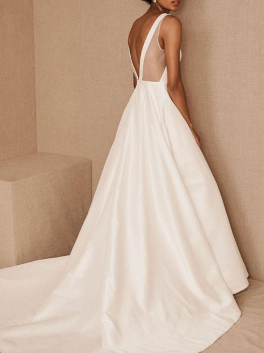 VIntage Wedding Dress Jewel Neck Sleeveless Natural Waist Floor Length Backless Matte Satin Cathedral Train Bridal Dress