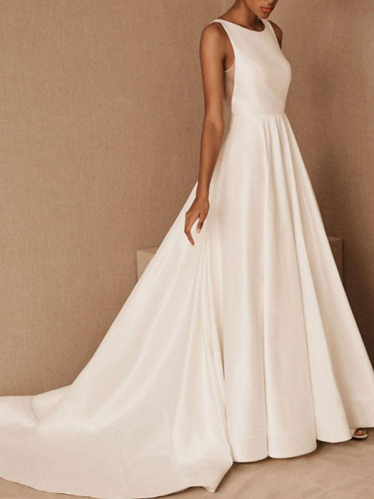 VIntage Wedding Dress Jewel Neck Sleeveless Natural Waist Floor Length Backless Matte Satin Cathedral Train Bridal Dress