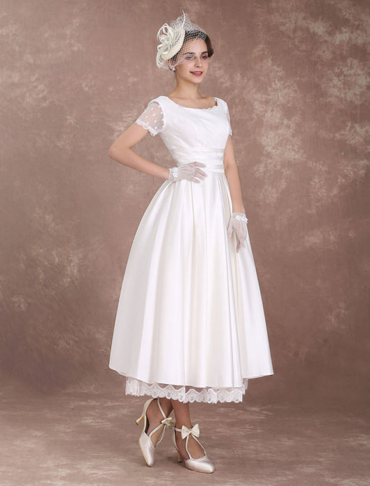 Vintage Wedding Dress Short Sleeve 1950's Bridal Dress Backless Polka Dot Lace Trim Ivory Wedding Reception Dress misshow