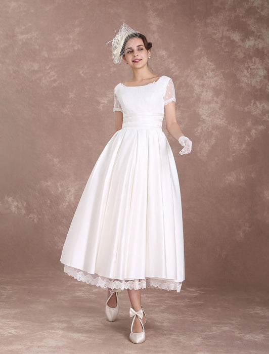 Short Sleeve 1950's Lace Bridal Dress Polka Dot-Bridelily Short Sleeve 1950's Lace Bridal Dress Polka Dot-Bridelily