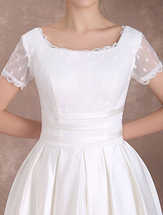 Vintage Wedding Dress Short Sleeve 1950's Bridal Dress Backless Polka Dot Lace Trim Ivory Wedding Reception Dress misshow