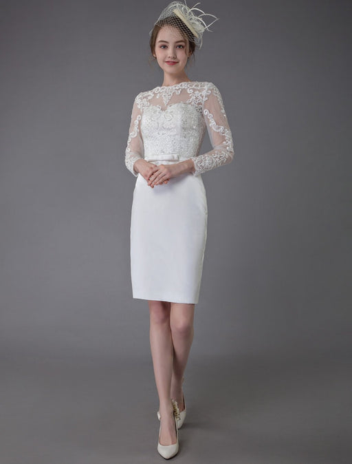 Vintage Wedding Dresses Jewel Long Sleeve Sheath Short Bridal Dress