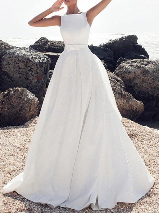 Vintage Wedding Dresses Jewel Neck Sleeveless Bows With Train Satin Fabric Bridal Gowns