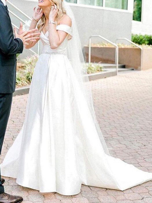 Vintage Wedding Dresses Off The Shoulder Sleeveless Natural Waist Satin Fabric Court Train Sash Bridal Dress