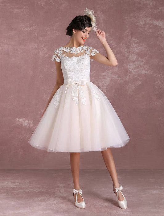 Vintage Wedding Dresses Short Lace Applique Bridal Gown Illusion Bow Sash Bridal Dress misshow