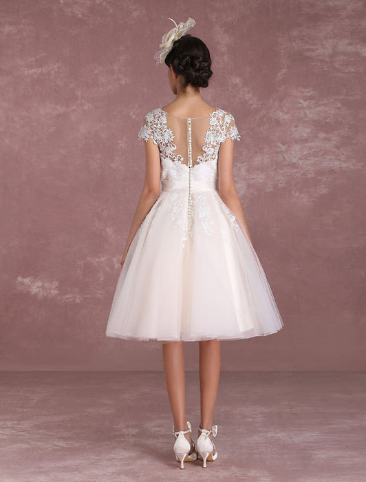 Vintage Wedding Dresses Short Lace Applique Bridal Gown Illusion Bow Sash Bridal Dress misshow