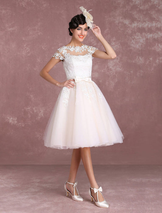 Vintage Wedding Dresses Short Lace Applique Bridal Gown Illusion Bow Sash Bridal Dress misshow