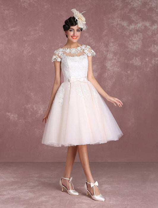 Vintage Wedding Dresses Short Lace Applique Bridal Gown Illusion Bow Sash Bridal Dress misshow