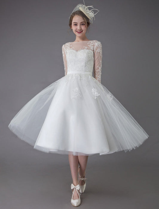 Vintage Wedding Dresses Tulle Bateau 3/4 Length Sleeve A Line Bridal Gown Short Bridal Dress