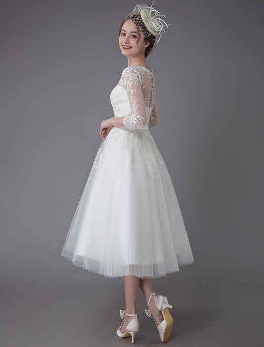 Vintage Wedding Dresses Tulle Bateau 3/4 Length Sleeve A Line Bridal Gown Short Bridal Dress