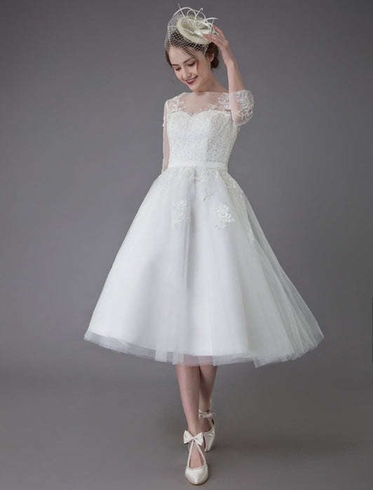 Vintage Wedding Dresses Tulle Bateau 3/4 Length Sleeve A Line Bridal Gown Short Bridal Dress