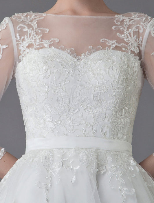 Vintage Wedding Dresses Tulle Bateau 3/4 Length Sleeve A Line Bridal Gown Short Bridal Dress