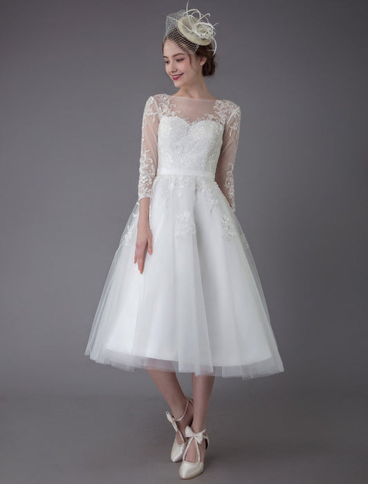 Vintage Wedding Dresses Tulle Bateau 3/4 Length Sleeve A Line Bridal Gown Short Bridal Dress