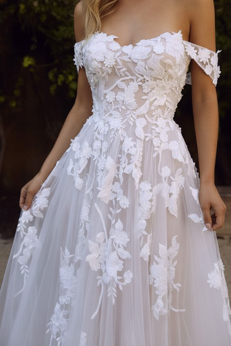 wedding dresses a line off the shoulder  lace flora appliqued tulle bridal gown with train