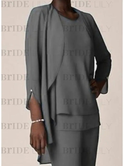 Upper body view of the grey chiffon waterfall jacket and top