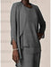 Upper body view of the grey chiffon waterfall jacket and top