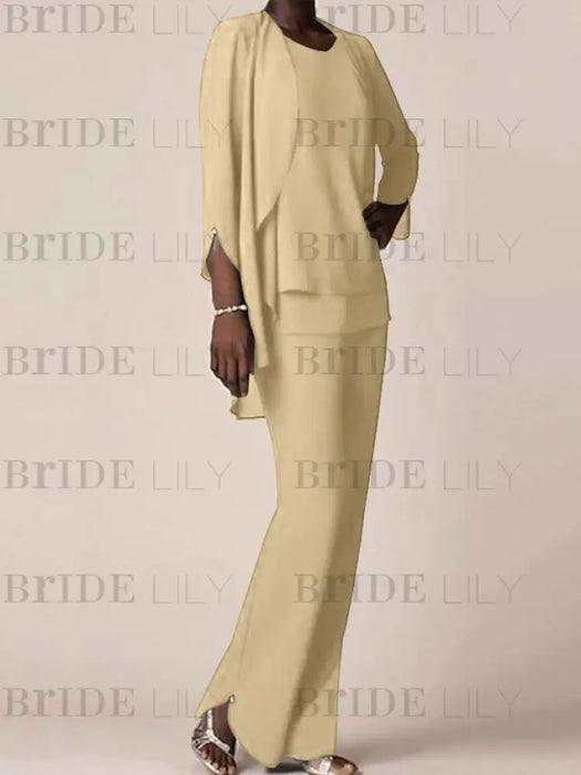 Chiffon three piece pantsuit with a waterfall jacket in butter yellow