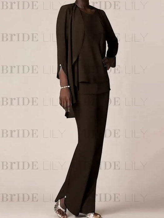 Chiffon three piece pantsuit with a waterfall jacket in chocolate brown