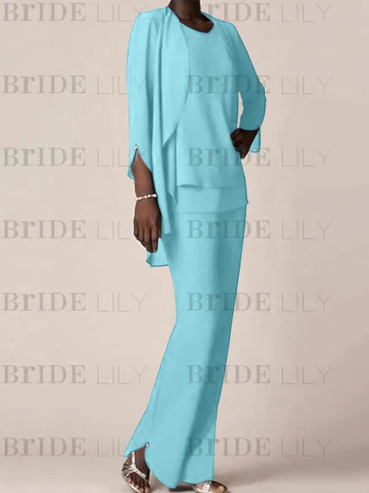 Chiffon three piece pantsuit with a waterfall collar jacket in aqua blue