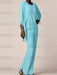 Chiffon three piece pantsuit with a waterfall collar jacket in aqua blue