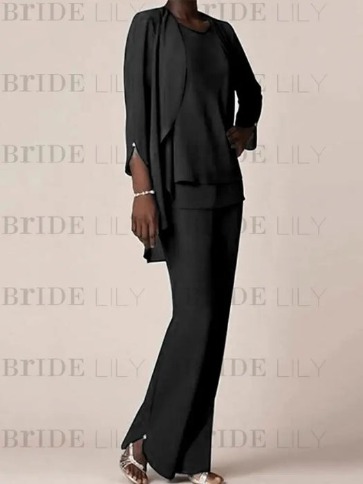 Chiffon three piece pantsuit with a waterfall collar jacket in black