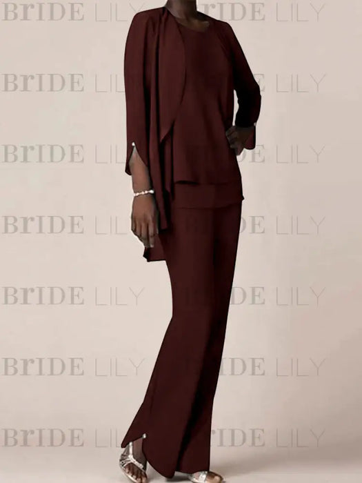 Chiffon three piece pantsuit with a waterfall jacket in deep burgundy