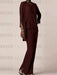 Chiffon three piece pantsuit with a waterfall jacket in deep burgundy