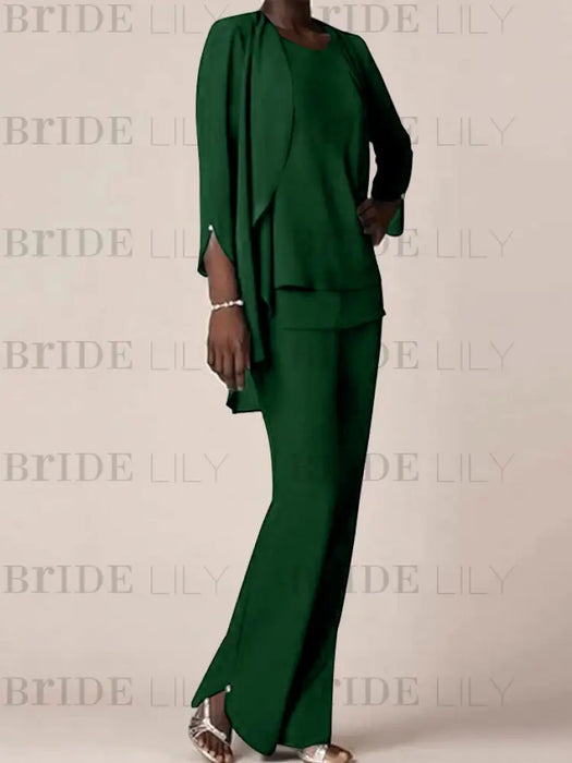 Dark Green waterfall jacket chiffon mother of the bride pantsuit three piece