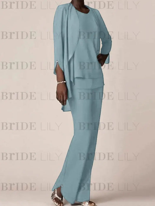 Dusty Blue waterfall jacket chiffon mother of the bride pantsuit three piece