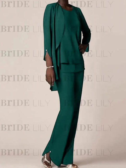 Emerald Green waterfall jacket chiffon mother of the bride pantsuit three piece