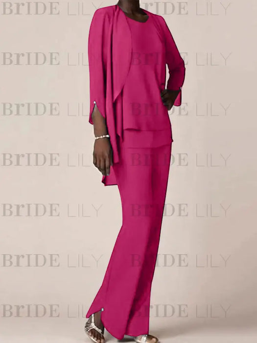 Fuchsia waterfall jacket chiffon mother of the bride pantsuit three piece