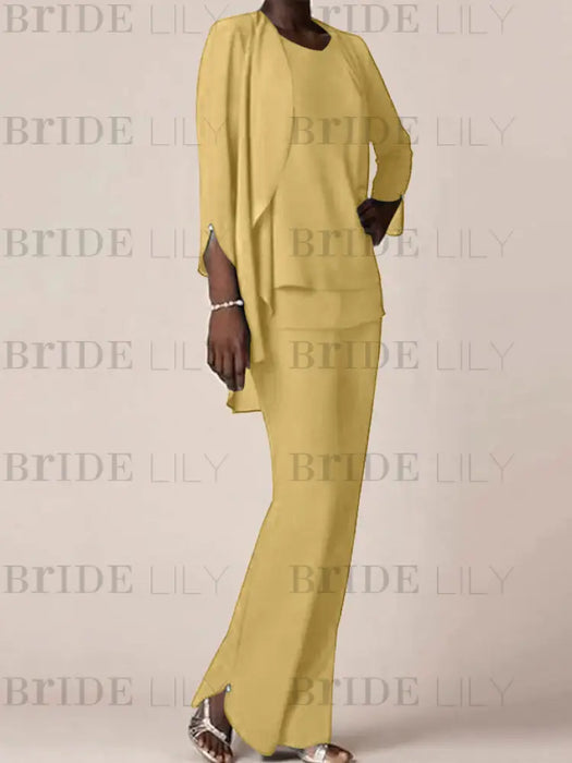 Gold waterfall jacket chiffon mother of the bride pantsuit three piece