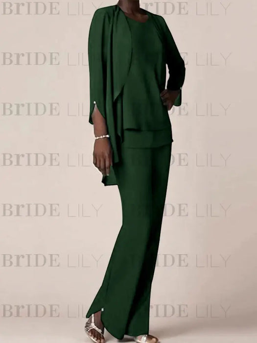 Green Black waterfall jacket chiffon mother of the bride pantsuit three piece