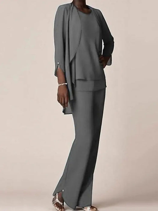 Chiffon three piece pantsuit with a waterfall collar jacket in grey