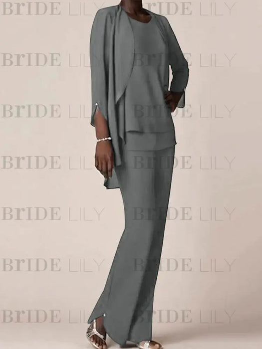 Full length view of the grey chiffon waterfall jacket pantsuit