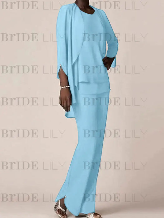 Light Blue waterfall jacket chiffon mother of the bride pantsuit three piece