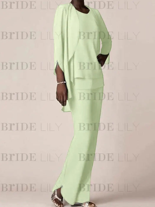 Chiffon three piece pantsuit with a waterfall jacket in light green