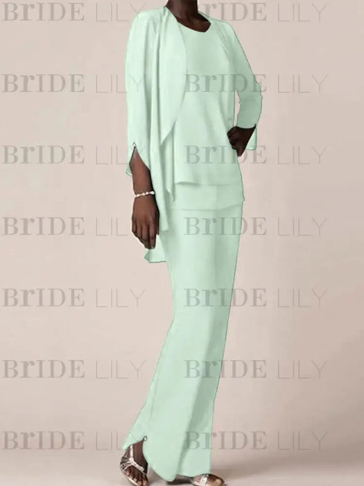 Mist Blue waterfall jacket chiffon mother of the bride pantsuit three piece