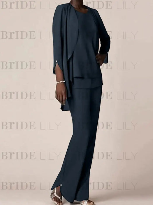 Navy Blue waterfall jacket chiffon mother of the bride pantsuit three piece