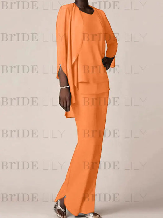 Orange waterfall jacket chiffon mother of the bride pantsuit three piece