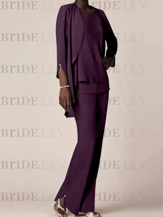 Plum waterfall jacket chiffon mother of the bride pantsuit three piece