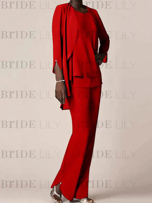 Red waterfall jacket chiffon mother of the bride pantsuit three piece