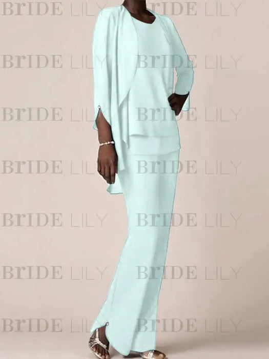 Sky Blue waterfall jacket chiffon mother of the bride pantsuit three piece