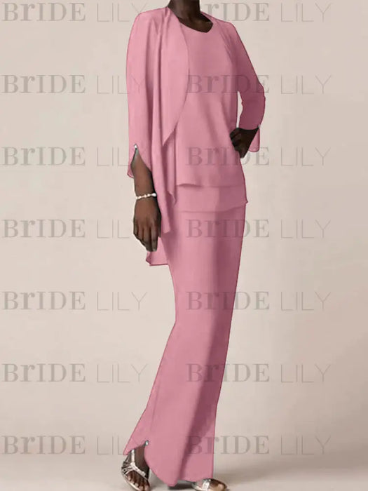 Chiffon three piece pantsuit with a waterfall collar jacket in soft pink