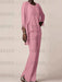 Chiffon three piece pantsuit with a waterfall collar jacket in soft pink