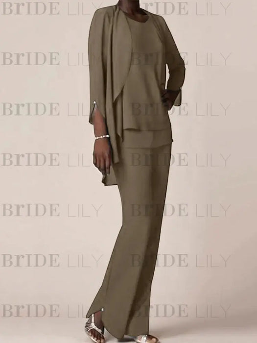 Taupe waterfall jacket chiffon mother of the bride pantsuit three piece